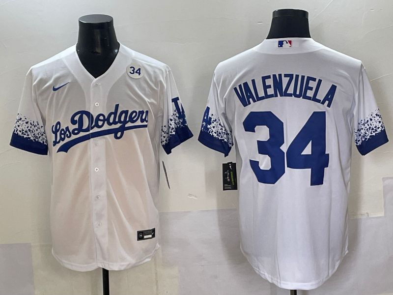 Men 2025 Los Angeles Dodgers #34 Valenzuela White blue City Edition Nike MLB Jersey style 7->los angeles dodgers->MLB Jersey